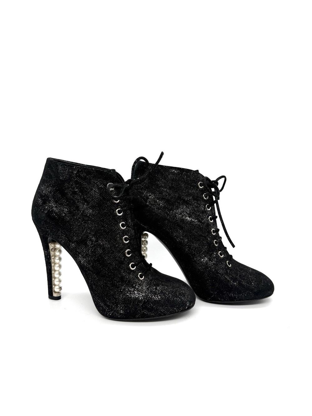 Chanel Pearls Heel Ankle Boot Velvety Black Leather Lace Up EU 39.5 US 9.5